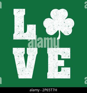 Love text with four leaf clover design with grunge effect. Stock Vector