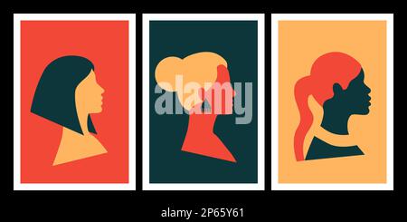 Abstract females faces posters set. Minimal boho style. Diverse women portraits. Head silhouette. Vintage collection. International womens day, allyship. Vector illustration. Stock Vector