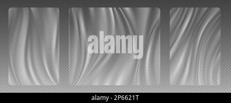 Plastic film, realistic stretch wrap, wrinkled polyethylene texture, cellophane overlay effect. Transparent PVC package. Stock Vector