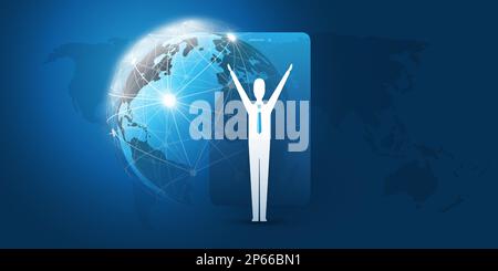 Networks - Worldwide Financial Connections - Successful Mobile Business Management Concept Design with World Map and Happy Businessman Stock Vector