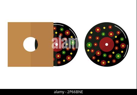 Plastic retro vintage vinyl plate in box. 90s style music concept illustration with flowers. Stock Vector