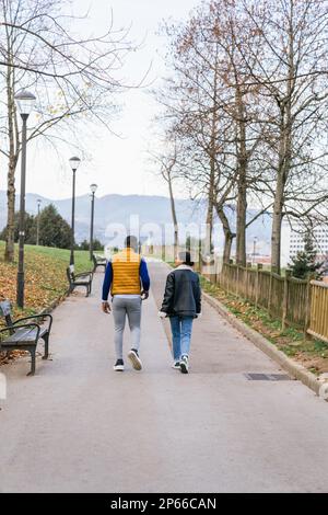 Back view of a Casual and Joyful Interracial Couple Walking through Fallen Leaves in the Park Stock Photo