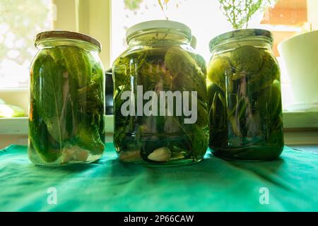 Close-up of canned fresh homemade green cucumbers in glass jars Stock Photo