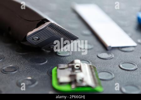 Pet groomer tools on table. Professional electric shaving machine, spare blades and comb for animal grooming Stock Photo