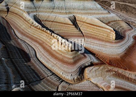 Aerial of multicoloured layers of sandstone, Kyzylkup, Mangystau, Kazakhstan, Central Asia, Asia Stock Photo