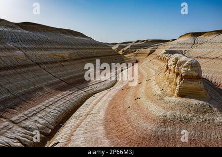 Aerial of multicoloured layers of sandstone, Kyzylkup, Mangystau, Kazakhstan, Central Asia, Asia Stock Photo