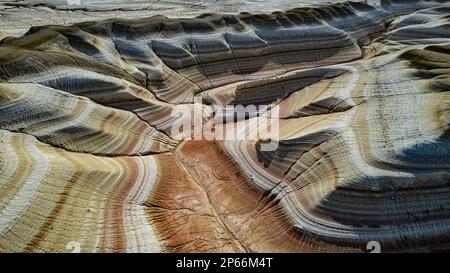 Aerial of multicoloured layers of sandstone, Kyzylkup, Mangystau, Kazakhstan, Central Asia, Asia Stock Photo