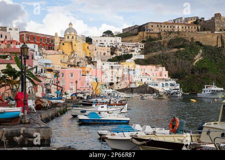 Beautiful Italian island of Procida, famous for its colorful marina, tiny narrow streets and many beaches, Procida, Flegrean Islands, Campania, Italy Stock Photo