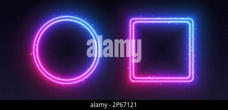 Gradient neon frames, glowing borders with smoke and sparkles, led circle and square. Stock Vector