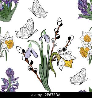 Vector seamless pattern bouquet with butterflies, willow branch and snowdrops Stock Vector