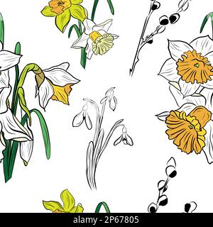 Vector spring flowers collection of seamless pattern drawing 48 Stock Vector