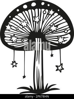 Magic mushroom with stars. Vector silhouette black line contour drawing with celestial fantasy fungus Stock Vector