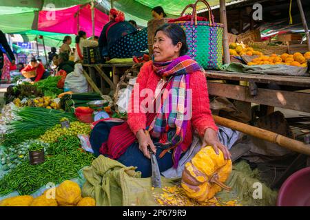 Burmese woman selling fruits and vegetables at local market, Lake Inle, Nyaungshwe, Shan State, Myanmar (Burma), Asia Stock Photo