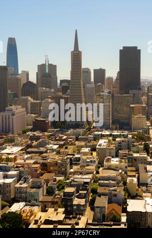 San Francisco skyline dominated by Transamerica Pyramid building seen from Coit Tower, San Francisco, California, United States of America Stock Photo