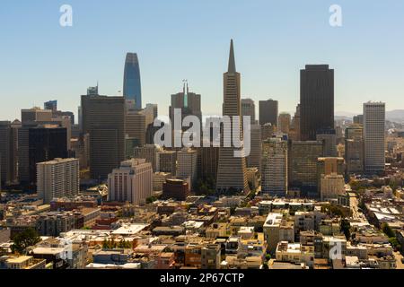 San Francisco skyline dominated by Transamerica Pyramid building seen from Coit Tower, San Francisco, California, United States of America Stock Photo