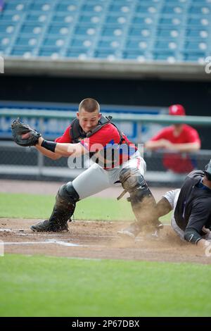 Matt Thaiss #10 of Jackson Memorial High School in Jackson, New Jersey  playing for the Philadelphia Phillies scout team during the East Coast Pro  Showcase at Alliance Bank Stadium on August 2