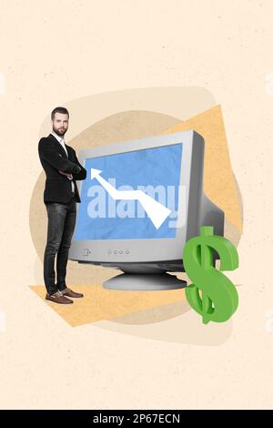 Vertical creative image collage picture poster of successful man hand crossed earn money usd office job isolated on painting background Stock Photo