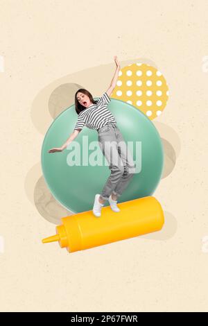 Collage creative photo image picture of crazy girl falling down big size bottle delicious juicy sauce isolated on drawing background Stock Photo