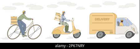 Flat vector illustration set of delivery service worker. Courier deliver parcels on scooter and bicycle with backpack. Shipping cargo on truck. Food, mail and documents orders by transport concept. Stock Vector