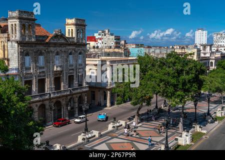 Paseo del Prado, aerial view with promenaders and blue classic car full of tourists, Havana, Cuba, West Indies, Caribbean, Central America Stock Photo