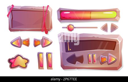 Cartoon stone texture of game buttons gui or ui design elements. Set menu boards, progress bars, star keys and panel with slider, pause and arrows. Interface plaques isolated on white background. Stock Vector