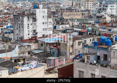 Aerial view across Old Havana with washing out to dry in foreground, Havana, Cuba, West Indies, Caribbean, Central America Stock Photo