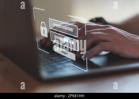 Man typing password on personal computer. Close up shot of cyber security concept. High quality photo. High quality photo Stock Photo