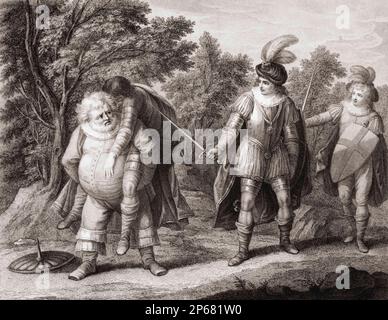 Falstaff with the body of Hotspur on his back.  Prince Hal and Prince John behind him.  A scene from William Shakespeare's play Henry IV, Part One, Act 5, Scene 4. Stock Photo