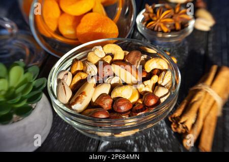 nut mix  in a bowl on wood background Stock Photo