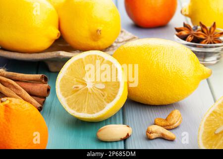 sliced lemon on wood background Stock Photo