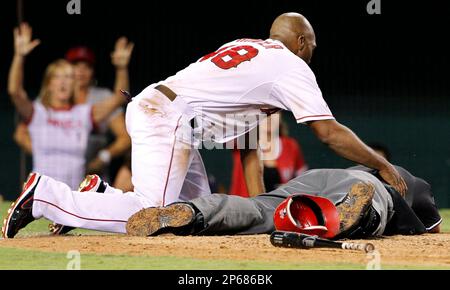 Los Angeles Angels' Torii Hunter (48) congratulates teammates after beating  the Atlanta Braves at Angel Stadium in Anaheim, California on May 22, 2011.  The Angels won 4-1. UPI/Lori Shepler Stock Photo - Alamy