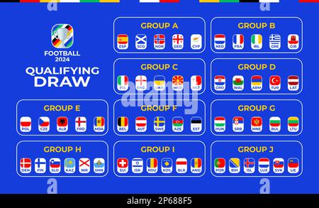 Football 2024 qualifying stage groups. table of the qualifying stage of the European Championship 2024. National football teams with flag icons. Stock Vector