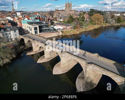 Hereford, Herefordshire, UK - UK Weather - Tuesday 7th March 2023 - The River Wye is very low after a very dry winter - The feet of the 15th Century stone Wye Bridge are completely exposed with todays river level at the bridge being just 22cm, very low for the tail end of winter. Photo Steven May / Alamy Live News Stock Photo