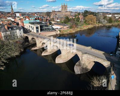 Hereford, Herefordshire, UK - UK Weather - Tuesday 7th March 2023 - The River Wye is very low after a very dry winter - The feet of the 15th Century stone Wye Bridge are completely exposed with todays river level at the bridge being just 22cm, very low for the tail end of winter. Photo Steven May / Alamy Live News Stock Photo