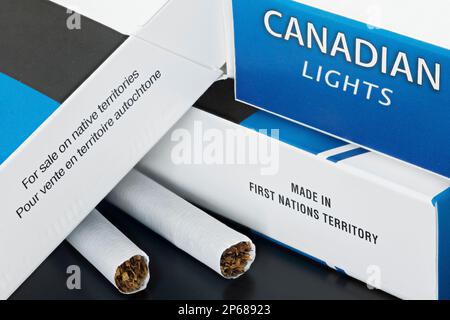 Canadian cigarettes and cigarette packs made in First Nations native territory Stock Photo