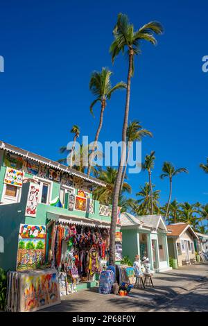 View of colourful shops on Bavaro Beach, Punta Cana, Dominican Republic, West Indies, Caribbean, Central America Stock Photo