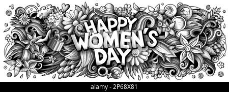 Happy Womens Day hand drawn cartoon doodles illustration. Holiday funny objects and elements poster design. Creative art background. Monochrome vector Stock Vector