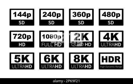 Video resolution labels. 360 720p 1080p 2k 4k 6k 8k HDR. Stock Vector