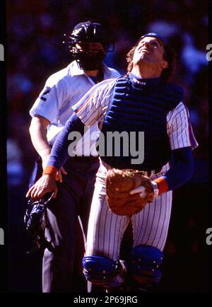 New York Mets Gary Carter (8) in action during a game from his 1986 season  at Shea Stadium in Flushing Meadows, New York. Gary Carter played for 19  years and was inducted