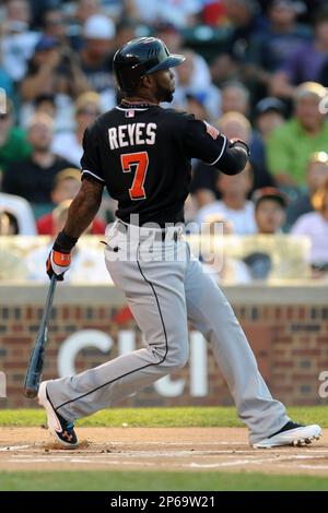 Jose Reyes #7 of the Miami Marlins before a game against the Los Angeles  Dodgers at Dodger Stadium on August 24, 2012 in Los Angeles, California.  Los Angeles defeated Miami 11-4. (Larry