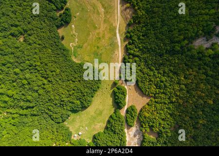 Montenegro. Prokletiye National Park. Summer. Mountain green valley. Popular tourist spot. Drone. Aerial view Stock Photo