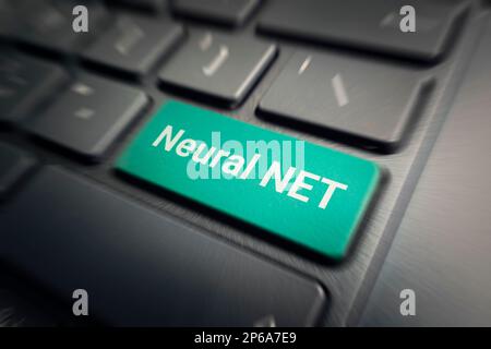 Neural net and machine learning concept. the word neural network on laptop button. artificial intelligence. Stock Photo