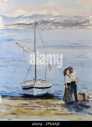 Watercolor of a couple of fishermen on the beach Stock Photo
