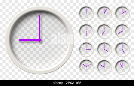 Realistic Wall Clocks set. Transparent face. One clock for every hour. Purple hands. Ready to apply. Graphic element for documents, templates, posters Stock Vector