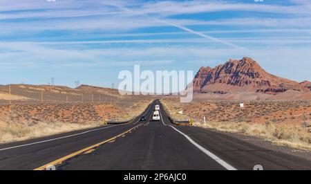 A picture of the U.S. Route 89 in Arizona and its rock formation landscape. Stock Photo