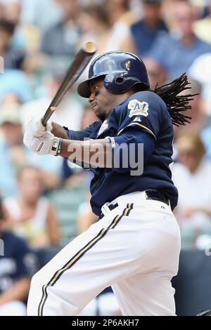 July 03, 2012: Milwaukee Brewers left fielder Ryan Braun #8 in game action  at the plate. The Milwaukee Brewers defeated the Miami Marlins 13-12 in 10  innings at Miller Park in Milwaukee