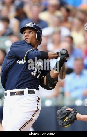 July 03, 2012: Milwaukee Brewers left fielder Ryan Braun #8 in game action  at the plate. The Milwaukee Brewers defeated the Miami Marlins 13-12 in 10  innings at Miller Park in Milwaukee