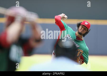 July 01, 2012: Milwaukee Brewers starting pitcher Yovani Gallardo #49 in  game action. The Milwaukee Brewers were celebrating Italian Heritage Day  with different uniforms. Milwaukee defeated Arizona 2-1 at Miller Park in