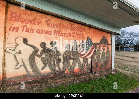 March 3, 2014. Selma, Alabama.  Edmund Pettus Bridge, Civil Rights monuments, Bloody Sunday Mural, Amelia Boynton Robinson and Marie Foster Monument, Stock Photo