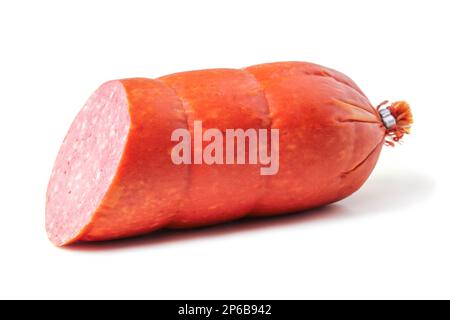 Piece of boiled smoked sausage close-up isolated on white Stock Photo